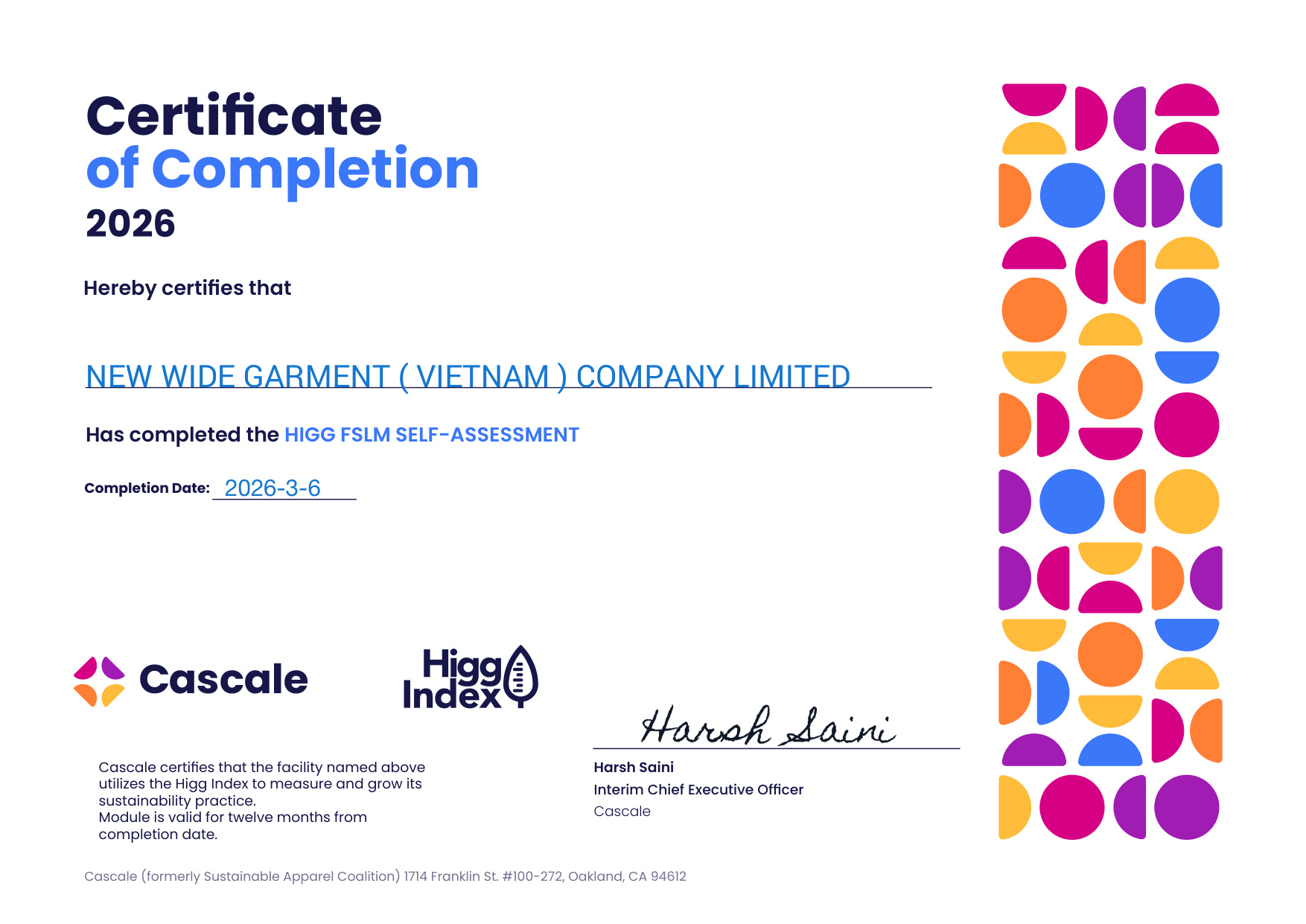 Higg FSLM Certificate